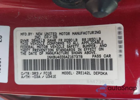 2010 Toyota Corolla Le from USA, damaged, VIN 1NXBU4EE6AZ167378